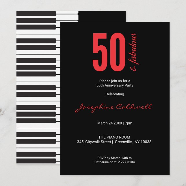 Invitación 50 y fabuloso cumpleaños rojo y negro divertido (Anverso / Reverso)