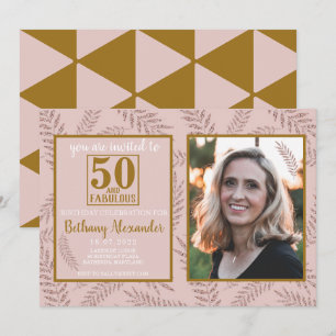 Invitación 50 y fabuloso cumpleaños rosa dorado botánico