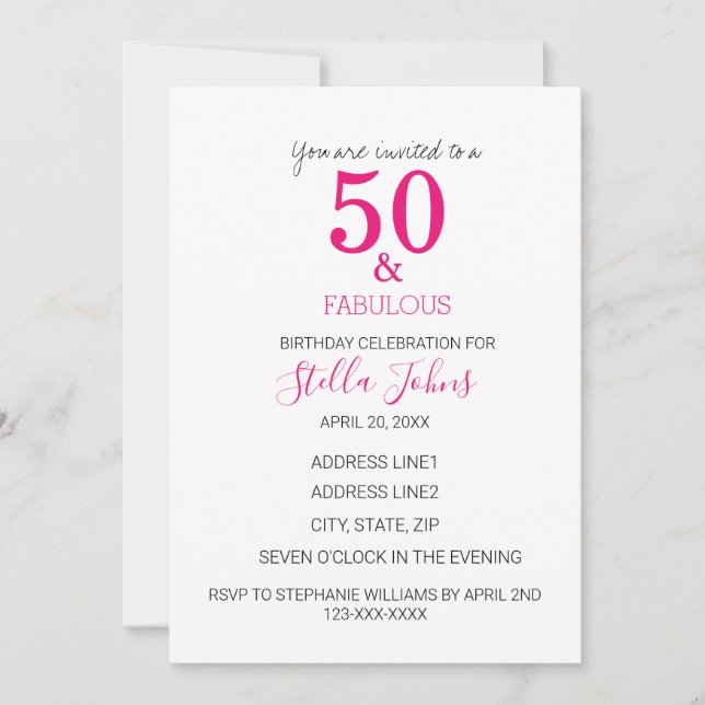 Invitación 50 Y Fabuloso Cumpleaños Rosa Fuchsia White (Anverso)