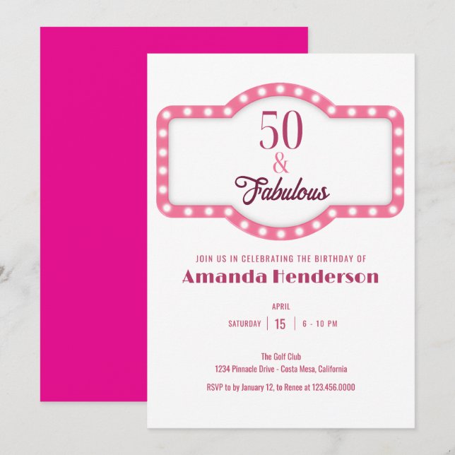 Invitación 50 y fabuloso cumpleaños rosado (Anverso / Reverso)