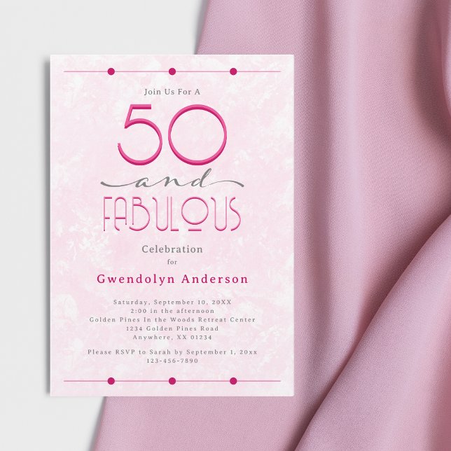 Invitación 50 y fabuloso cumpleaños rosado retro vintage (50 and Fabulous Pink Retro Vintage Typography Invitation. Celebration, Party, Birthday, 50th.)