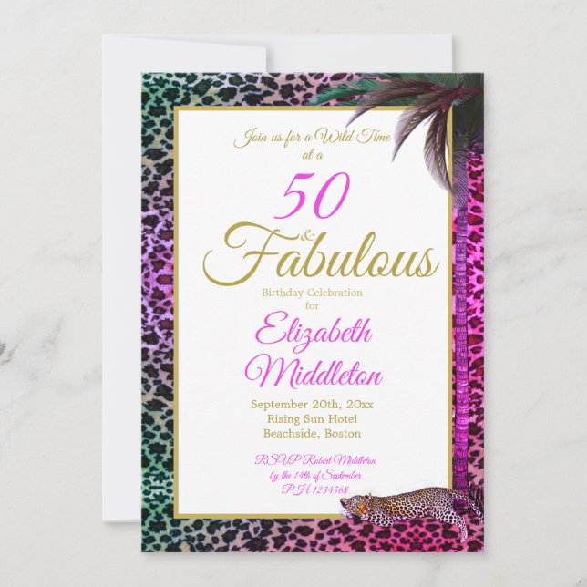 Invitación 50 y fabuloso cumpleaños salvaje Leopard Purple Pa (Anverso)