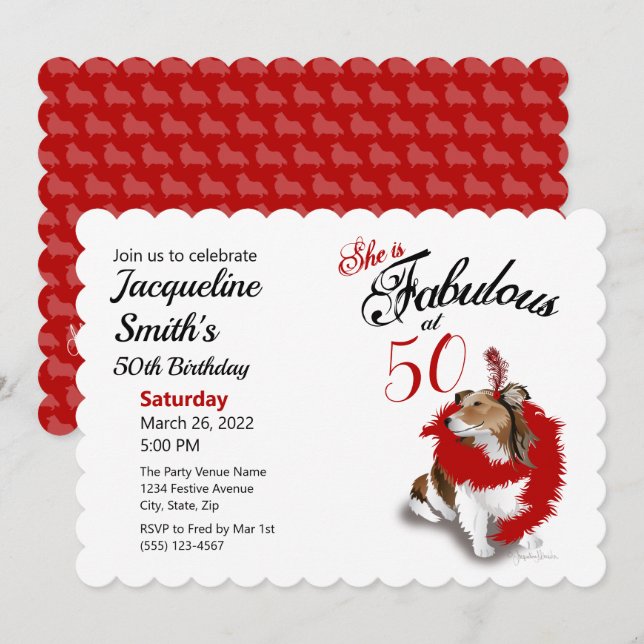 Invitación 50 y fabuloso cumpleaños Sheltie Dog Red (Anverso / Reverso)