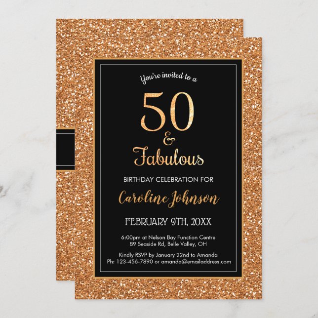 Invitación 50 y fabuloso cumpleaños Sparkly Gold Purpurina ne (Anverso / Reverso)