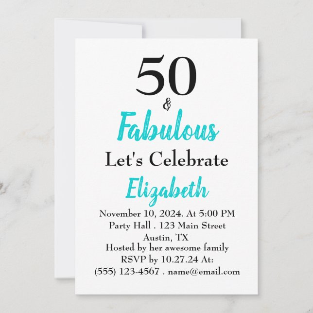 Invitación 50 y fabuloso cumpleaños turquesa (Anverso)