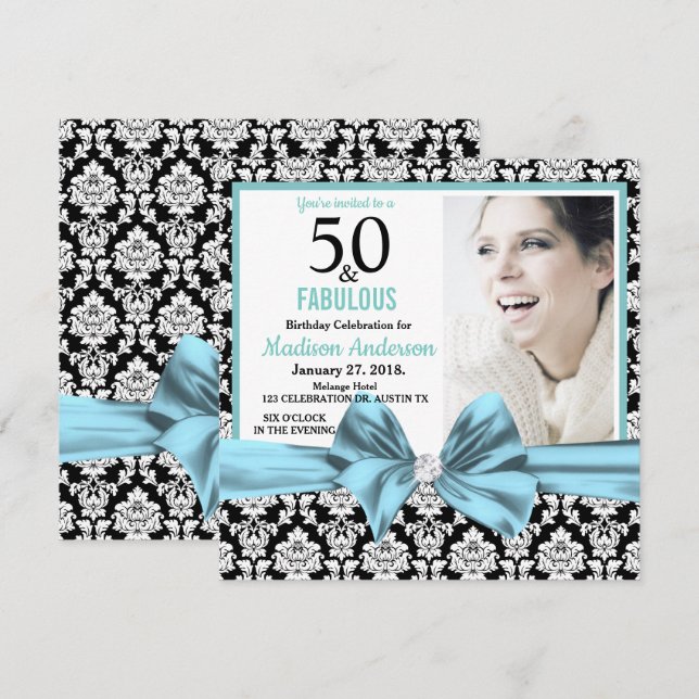 Invitación 50 y fabuloso damasco azul claro 50 cumpleaños (Anverso / Reverso)