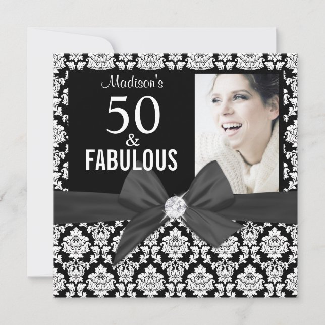 Invitación 50 y Fabuloso damasco negro foto| 50º cumpleaños (Anverso)