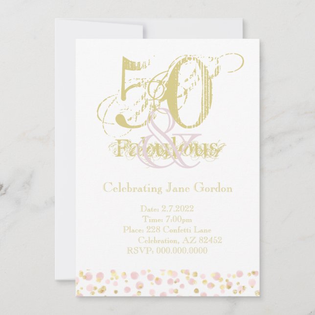Invitación 50 y fabuloso elegante cumpleaños Confetti Oro ros (Anverso)