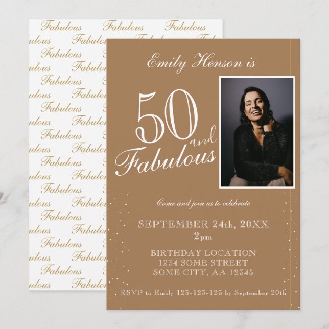 Invitación 50 y fabuloso elegante foto beige cumpleaños (Anverso / Reverso)