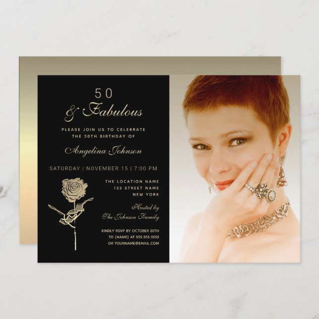 Invitación 50 y fabuloso, elegante foto floral de oro negro (Anverso / Reverso)
