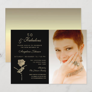 Invitación 50 y fabuloso, elegante foto floral de oro negro