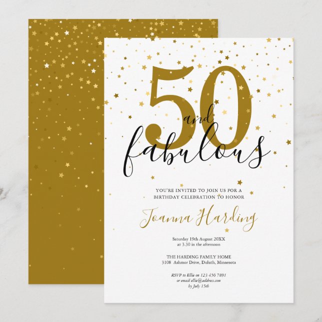 Invitación 50 y fabuloso elegante oro y cumpleaños negro (Anverso / Reverso)