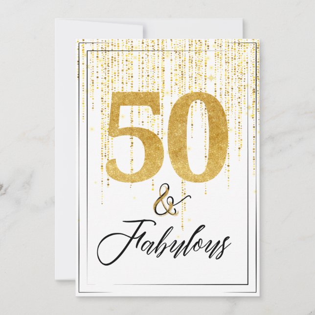 Invitación 50 y fabuloso en cumpleaños Purpurina de oro (Anverso)