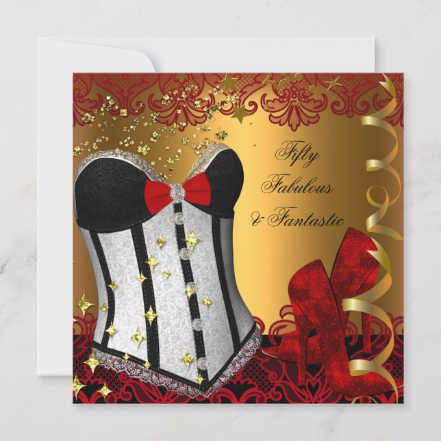 Invitación 50 y fabuloso Fantástico Red Black Gold Birthday (Anverso)