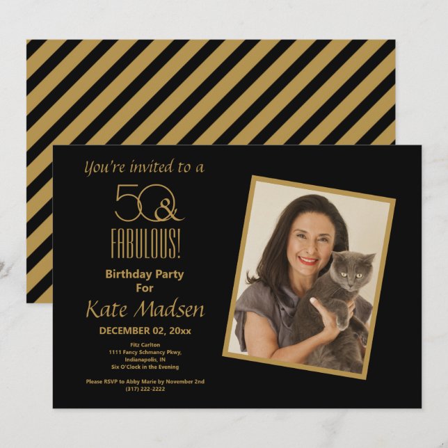 Invitación ¡50 y FABULOSO! Fiesta de cumpleaños 50 de Black & (Anverso / Reverso)
