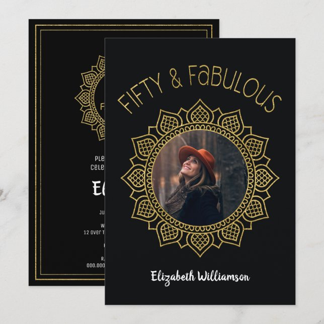 Invitación 50 y fabuloso Fiesta elegante de oro negro (Anverso / Reverso)