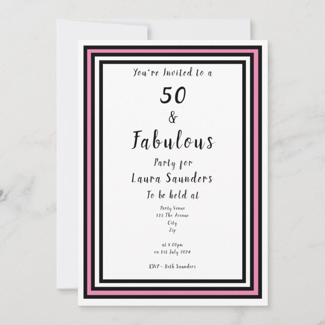 Invitación 50 y fabuloso Fiesta rosa y negro (Anverso)
