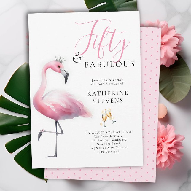 Invitación 50 y fabuloso Flamingo Rosa Tiara 50 cumpleaños (50 and fabulous birthday invitation funny pink flamingo tiara watercolor modern classy)