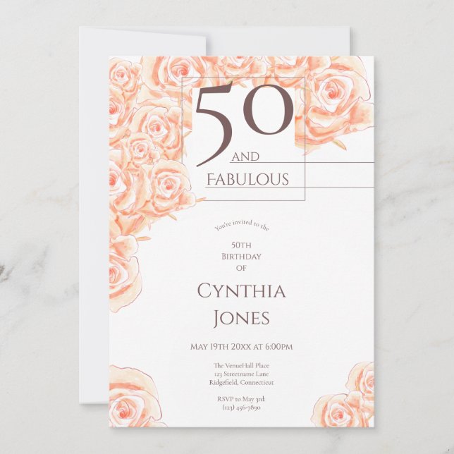 Invitación 50 y Fabuloso floral rosa rosa marrón vertical (Anverso)