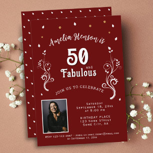 Invitación 50 y Fabuloso Follaje Rojo Foto de Cumpleaños 50