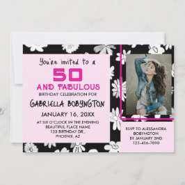 Invitación 50 y fabuloso foto floral rosa blanco negro