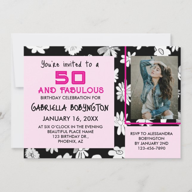 Invitación 50 y fabuloso foto floral rosa blanco negro (Anverso)