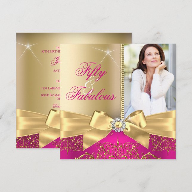 Invitación 50 y fabuloso foto oro rosado 50 cumpleaños (Anverso / Reverso)