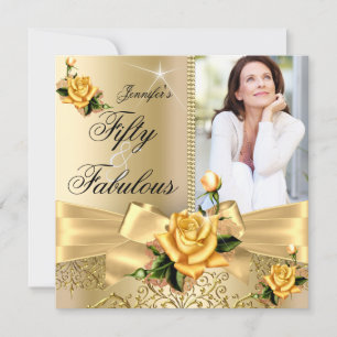 Invitación 50 y Fabuloso Foto Rosa Amarilla Dorada Arco Cumpl