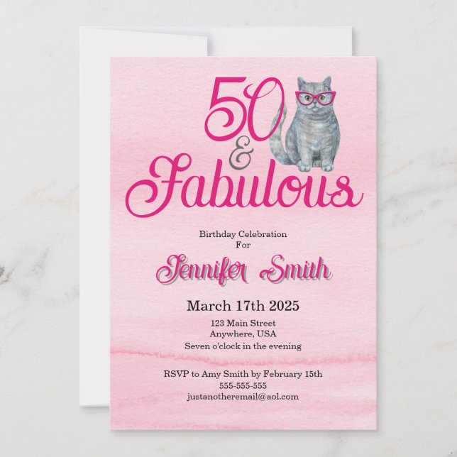 Invitación 50 y fabuloso gato, rosa y gris, cumpleaños 50 (Anverso)