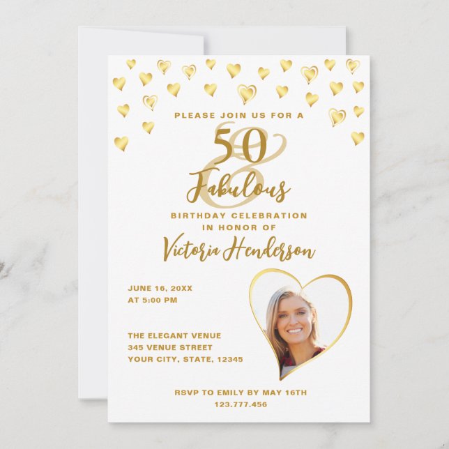 Invitación 50 y fabuloso Glam White y Gold Photo Birthday (Anverso)