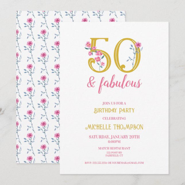 Invitación 50 y Fabuloso Gold y Pink Floral Classic (Anverso / Reverso)