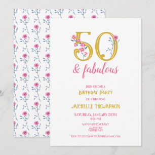 Invitación 50 y Fabuloso Gold y Pink Floral Classic