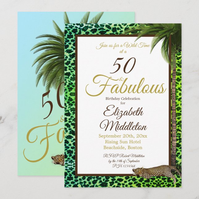 Invitación 50 y fabuloso leopardo Print Palm Wild Birthday (Anverso / Reverso)