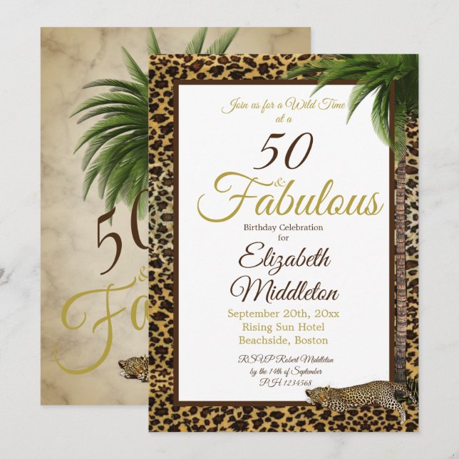 Invitación 50 y fabuloso leopardo Print Palm Wild Birthday (Anverso / Reverso)