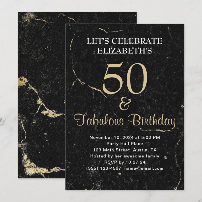 Invitación 50 y fabuloso Mármol Negro de oro (Anverso / Reverso)