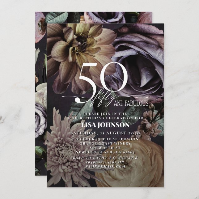 Invitación 50 y Fabuloso Moody Morado Morado Moderno (Anverso / Reverso)