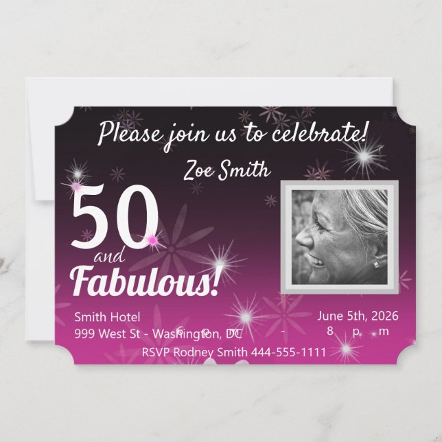 Invitación 50 y Fabuloso negro, rosa, blanco con estrellas y  (Anverso)