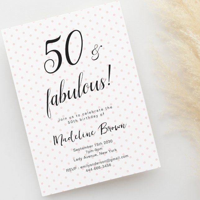 Invitación 50 y fabuloso negro rosado 50 cumpleaños (50 and fabulous birthday invitation, pink polka dots.)