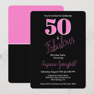 Invitación 50 y fabuloso negro rosado moderno 50 cumpleaños