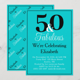 Invitación 50 y Fabuloso negro sobre azul turquesa