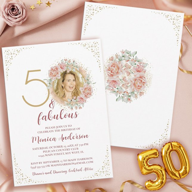 Invitación 50 y fabuloso nombre de Purpurina de fiesta de cum (50 and Fabulous Pink Floral Gold Photo Birthday Invitation)