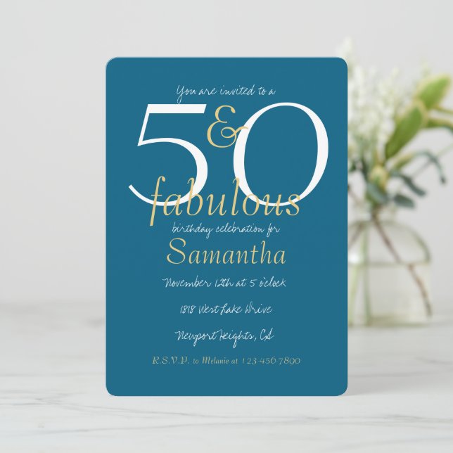 Invitación 50 y fabuloso oro azul 50 cumpleaños (Anverso de pie)
