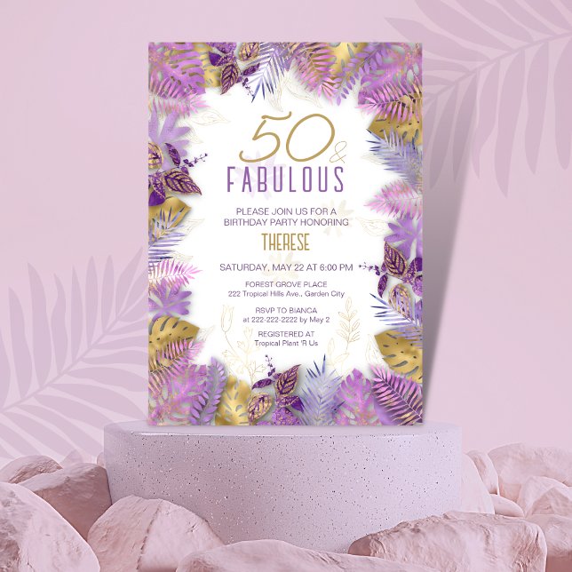Invitación 50 y fabuloso oro púrpura tropical 50 cumpleaños (Subido por el creador)