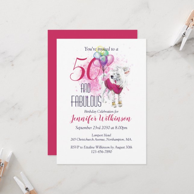 Invitación 50 y Fabuloso Perro Fluffy Rosa (Anverso/Reverso In Situ)