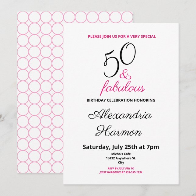 Invitación 50 y fabuloso pink de la fiesta de cumpleaños núme (Anverso / Reverso)