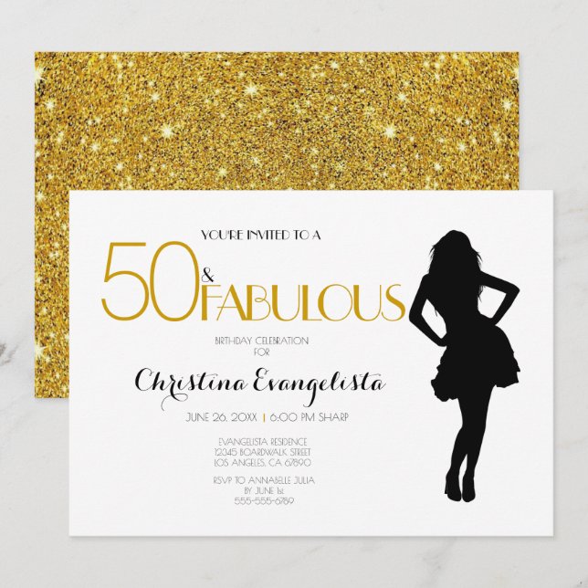 Invitación 50 y fabuloso Purpurina de oro con silueta moderna (Anverso / Reverso)
