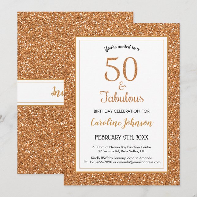 Invitación 50 y fabuloso Purpurina de oro de cumpleaños (Anverso / Reverso)