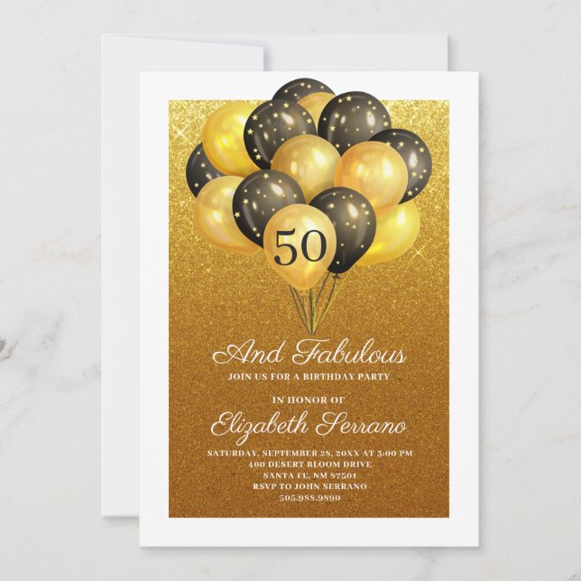 Invitación 50 Y Fabuloso Purpurina De Oro Fiesta De Globos Ne (Anverso)