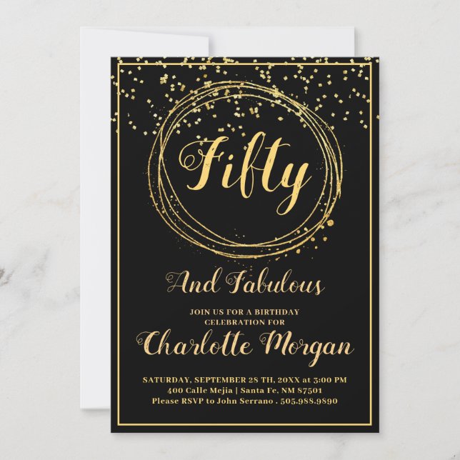 Invitación 50 Y Fabuloso Purpurina De Oro Negro (Anverso)