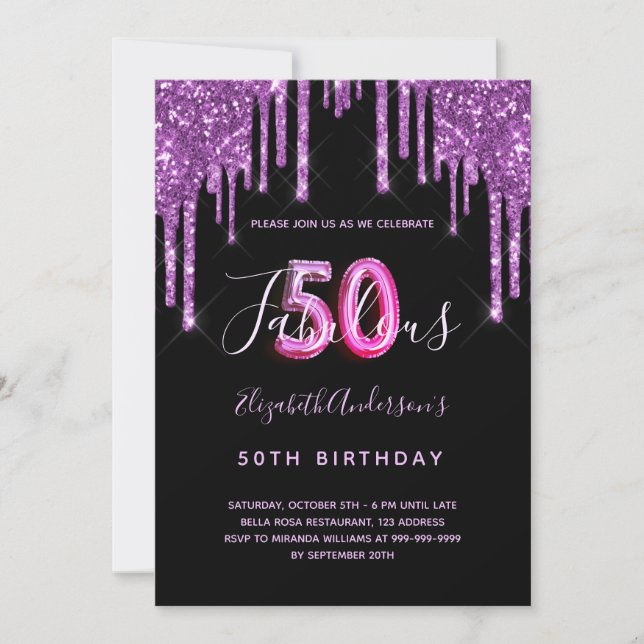 Invitación 50 y fabuloso purpurina goteando glam morado negro (Anverso)